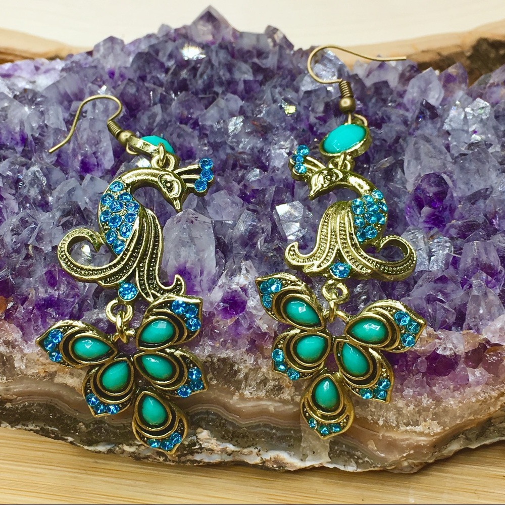 Peacock Earrings Blue And Bronze - Picture 4 of 8
